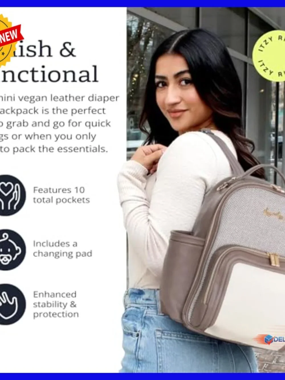 Mini Diaper Bag Backpack Vegan Leather 10 Pockets Changing Pad Travel
